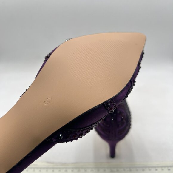 XYD Dark Purple Pointed Toe D'Orsay Kitten Heel Rhinestone Studs Slip-On Shoes - Picture 6 of 8
